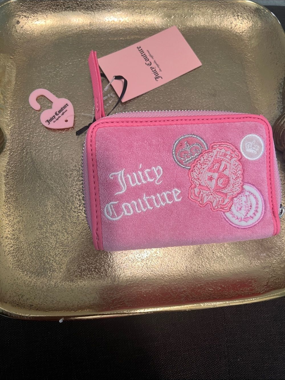 #2002: Juicy Couture Pink Velvet Coin Wallet with Embroidered Crest